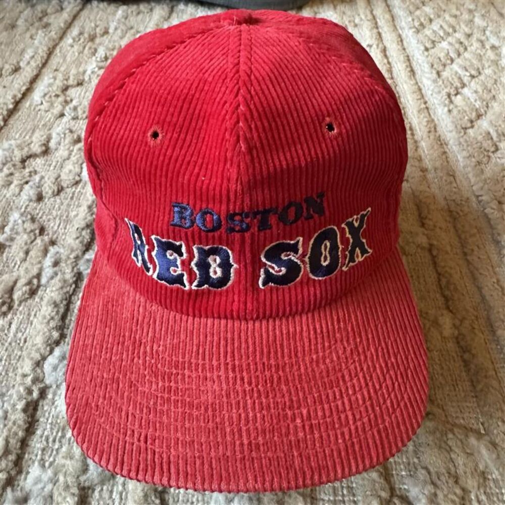 Vintage 80s Boston Red Sox Corduroy Snapback Hat MLB Twins Enterprise Red Green
